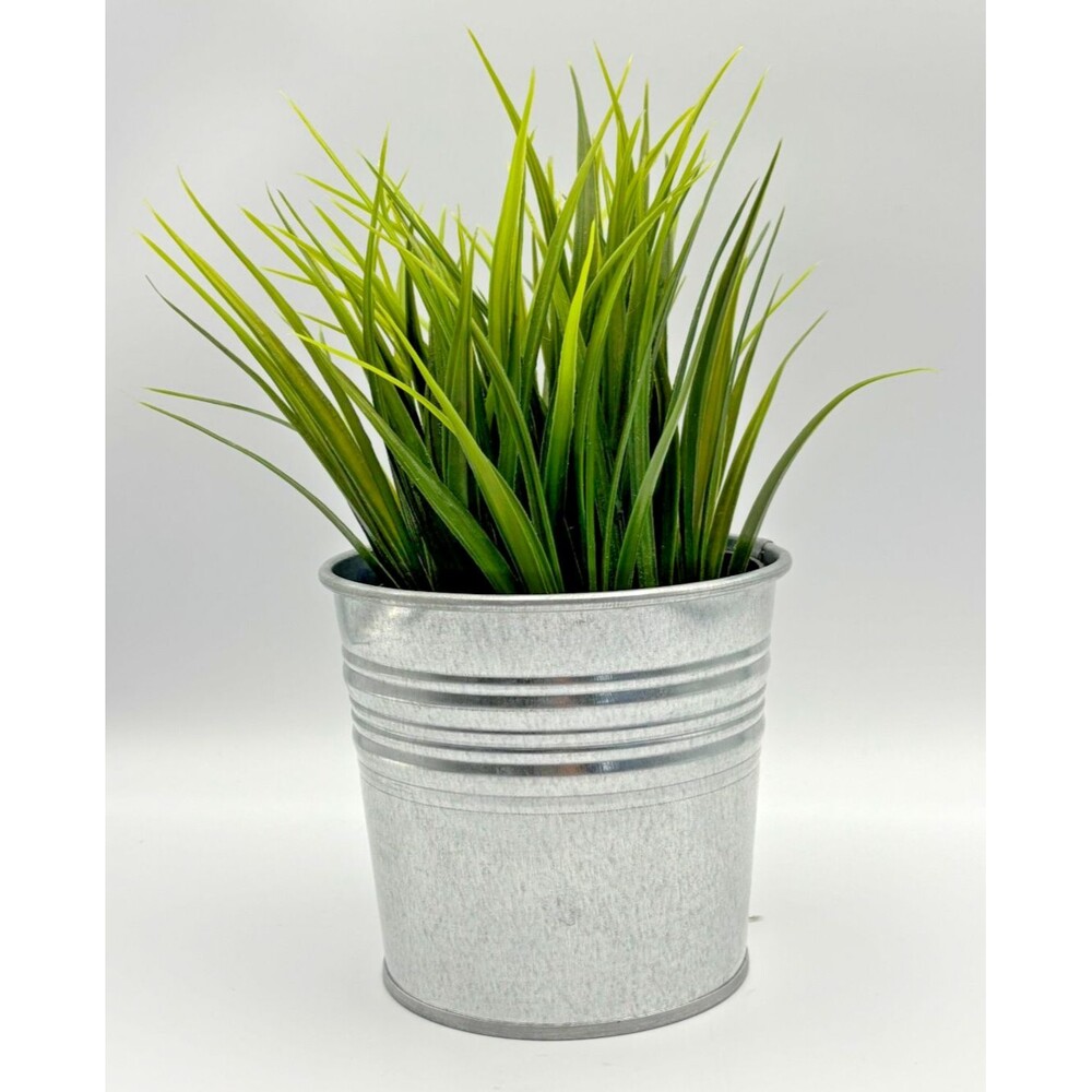 Ikea Socker Galvanized Tin Bucket & Green Faux Wheat Grass Artificial Plant Set